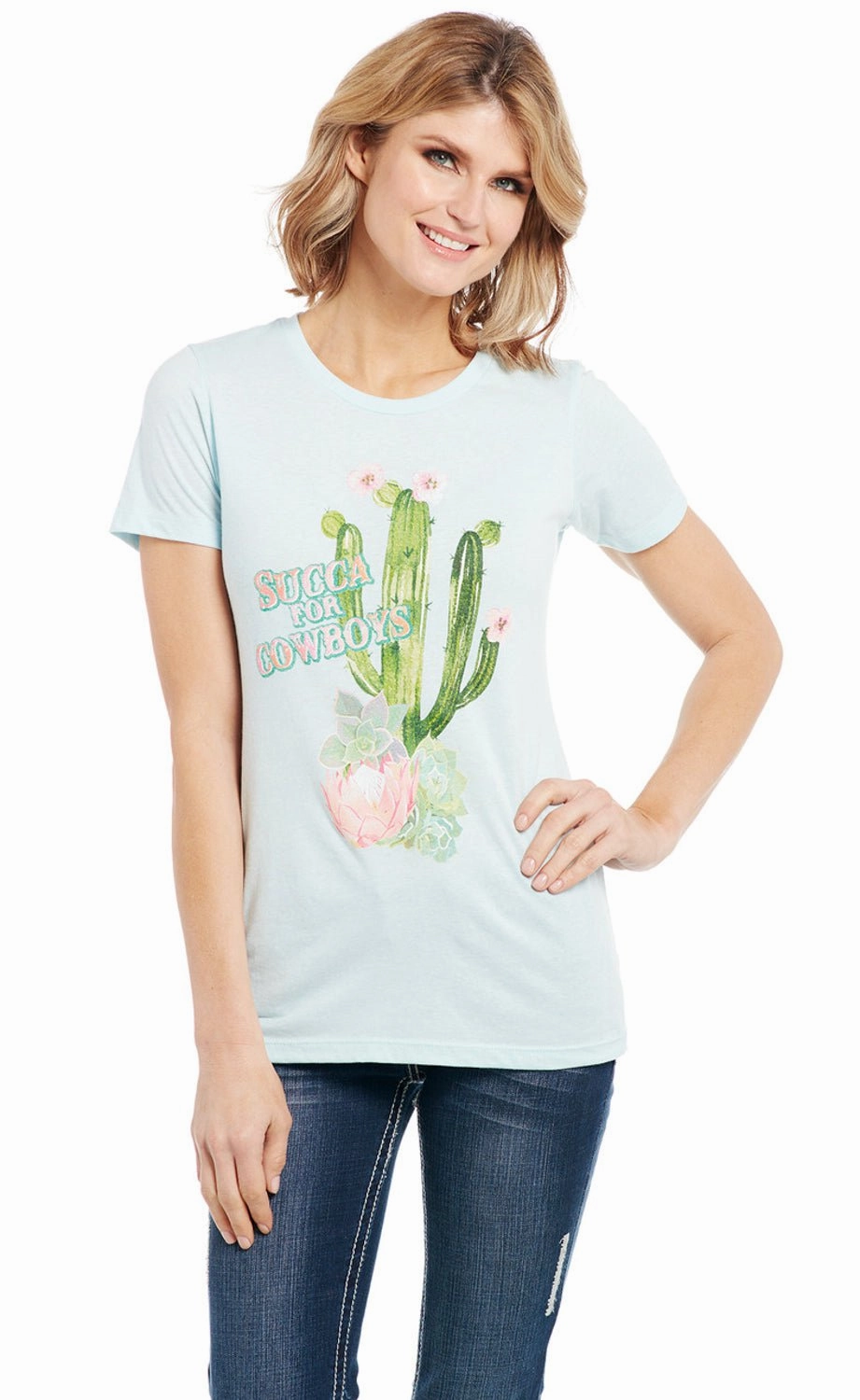 Perfect Wear Sophisticated Style Cowgirl Up Womens Succa for Cowboys Vintage Blue 100% Cotton S/S T-Shirt