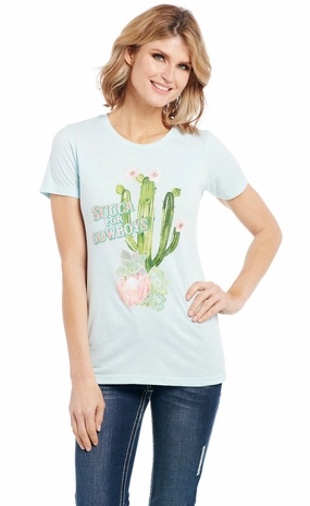 Cowgirl Up Womens Succa for Cowboys Vintage Blue 100% Cotton S/S T-Shirt Seasonal Collection Resort Wear