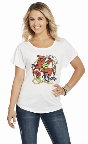 Cowgirl Up Womens Take Me To The Rodeo White 100% Cotton S/S T-Shirt Seasonal Fashion V-Neck