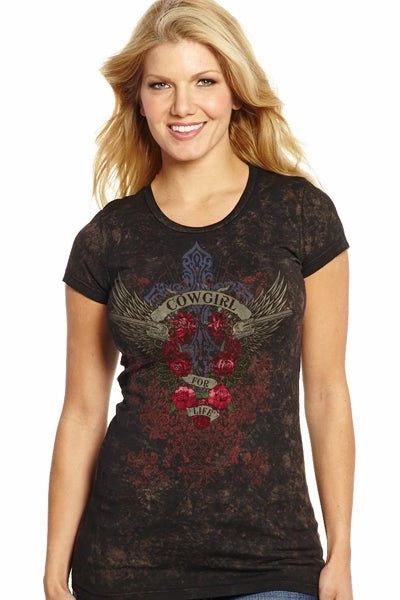 Cowgirl Up Womens Vintage Black 100% Cotton For Life V-Neck T-shirt S/S Workwear Ready Sweat-Absorbing