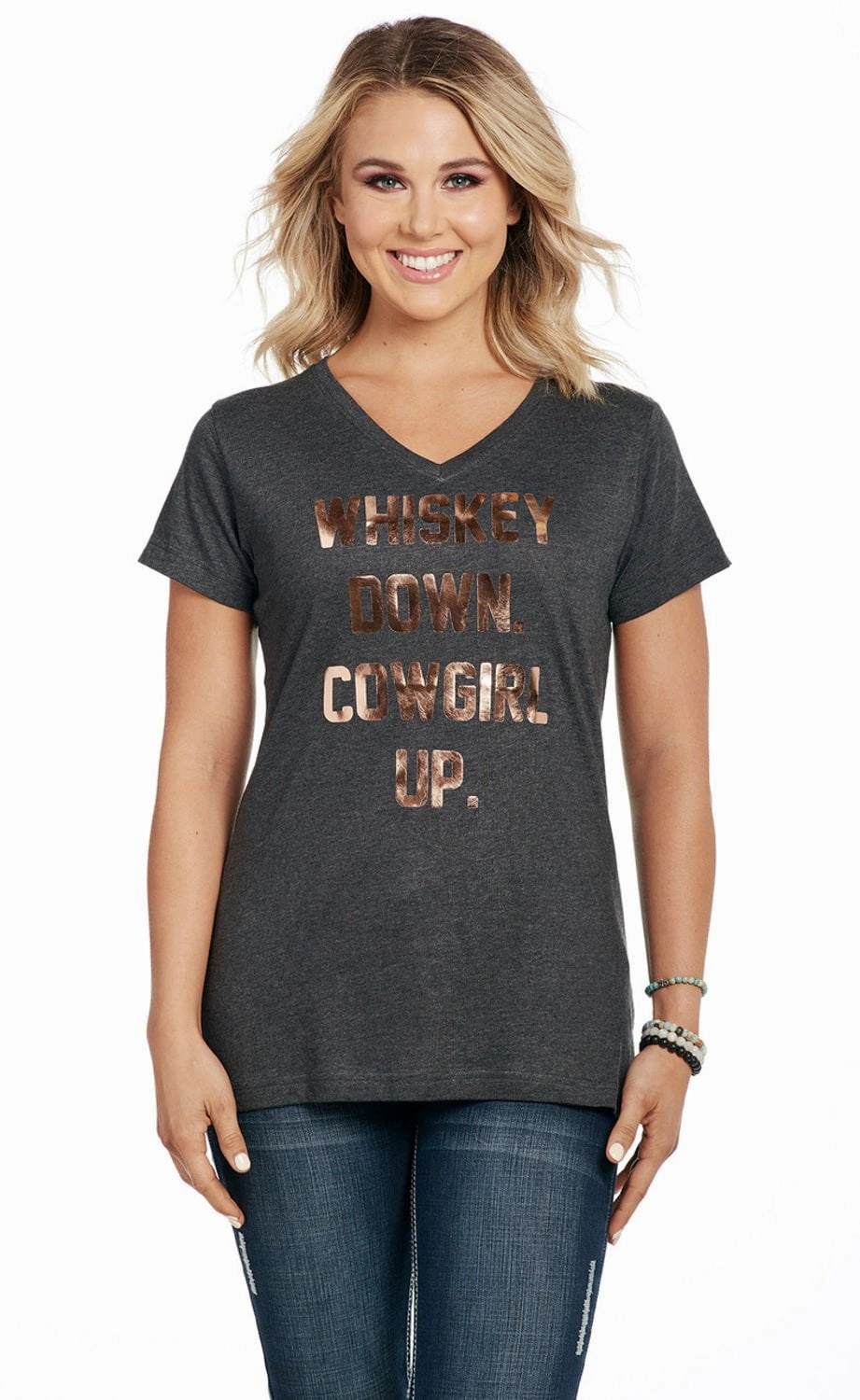 Cowgirl Up Womens Whiskey Down Heather Grey 100% Cotton S/S T-Shirt Relaxed Fit Light Wear