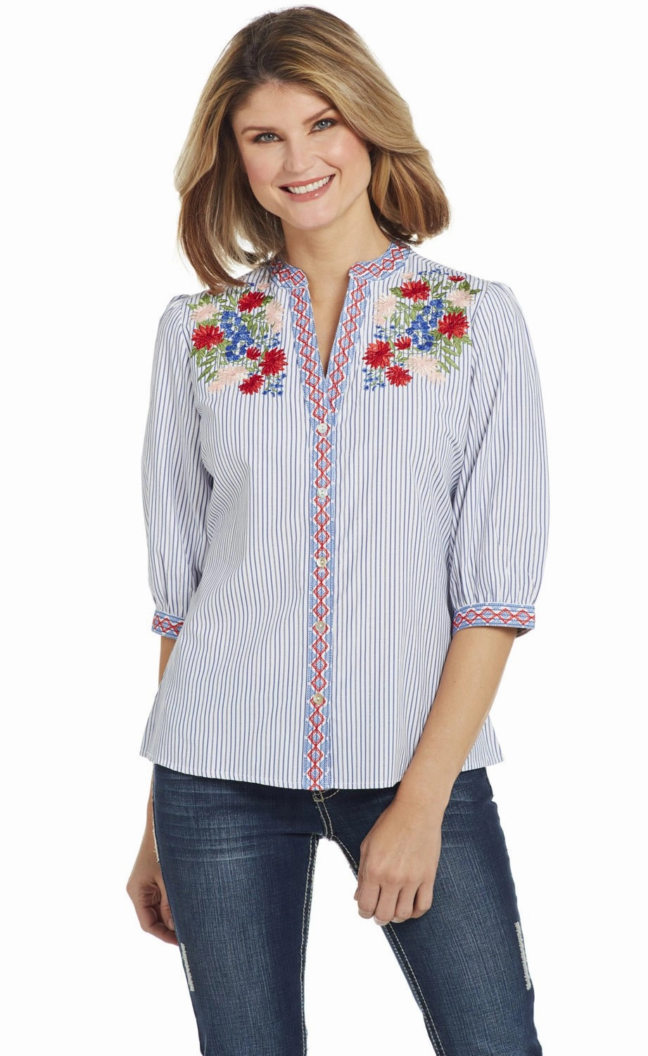 Perfect Fit Cowgirl Up Womens White/Blue Cotton Blend Floral Blouson Blouse S/S