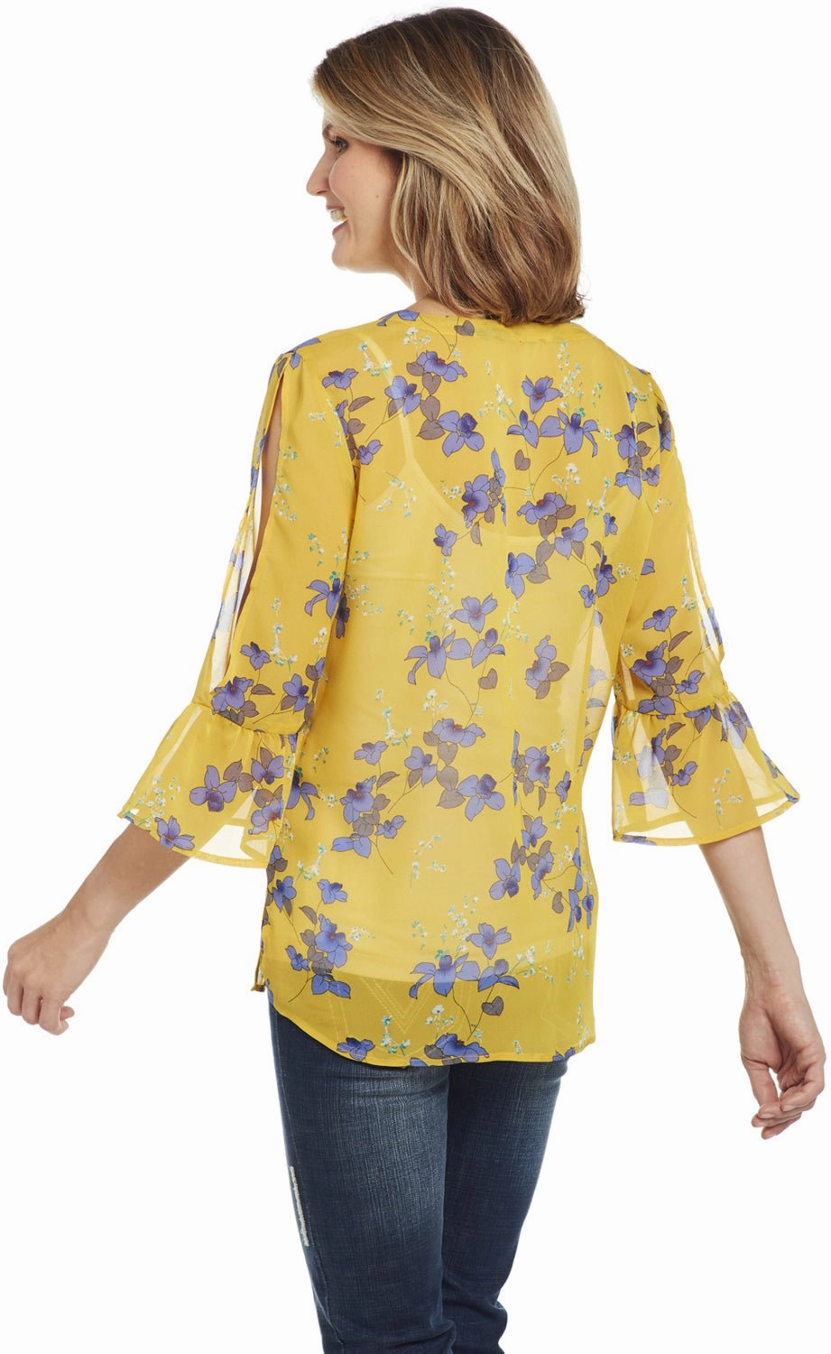 Textured Finish All-Ages Fit Cowgirl Up Womens Yellow Floral Polyester Bell Sleeve Tunic S/S