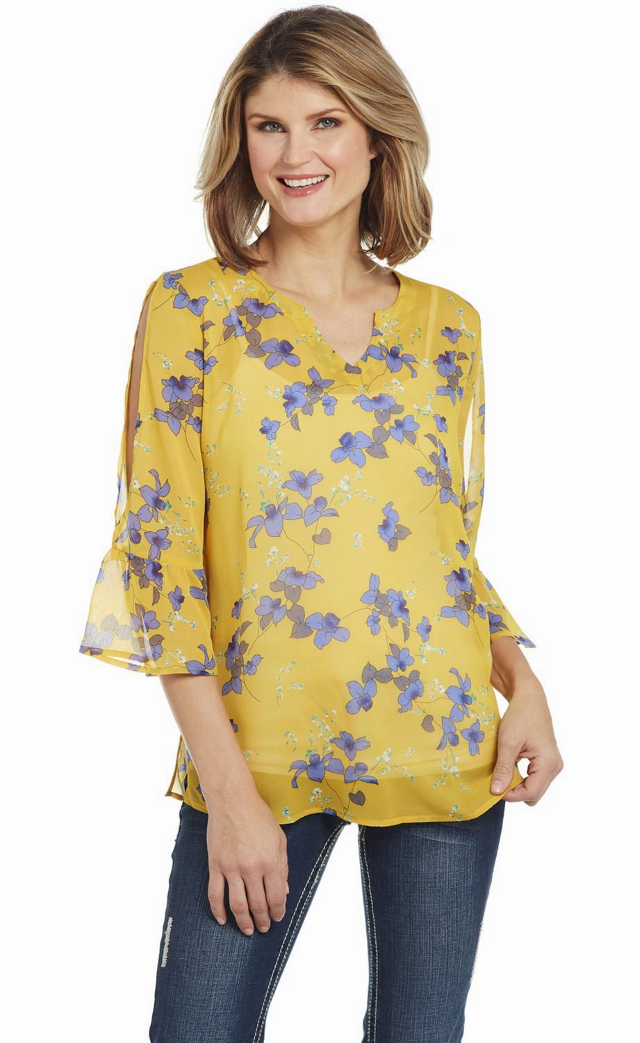 natural fiber Cowgirl Up Womens Yellow Floral Polyester Bell Sleeve Tunic S/S
