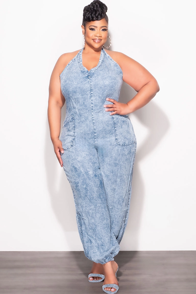 Seamless Comfort Functional Comfort Wear Final Sale Plus Size Oversized Halter Jumpsuit in Chambray