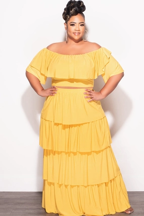 Final Sale Plus Size 2pc Ruffle Tiered Off the Shoulder Crop Top Maxi Skirt Set in Mustard DoubleLayeredKnees Weather Flex