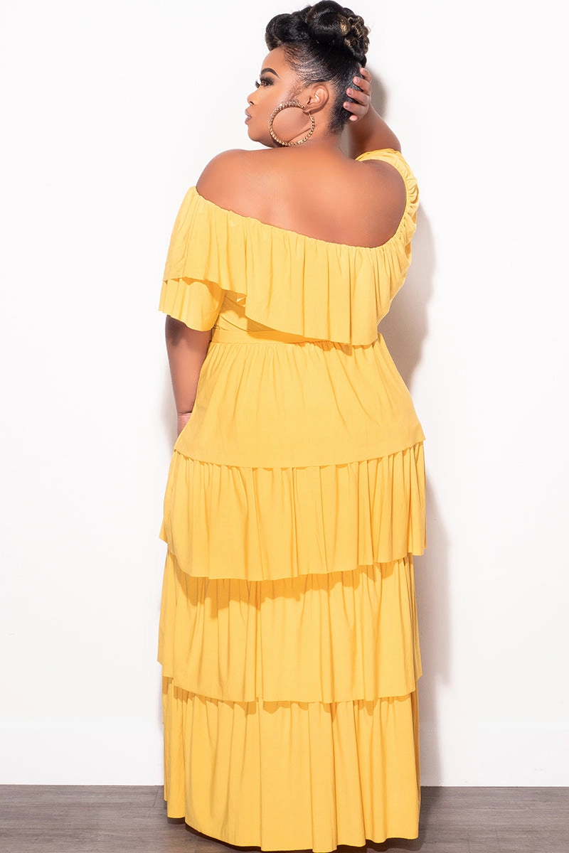 High-rise waist Water Resistant Final Sale Plus Size 2pc Ruffle Tiered Off the Shoulder Crop Top Maxi Skirt Set in Mustard