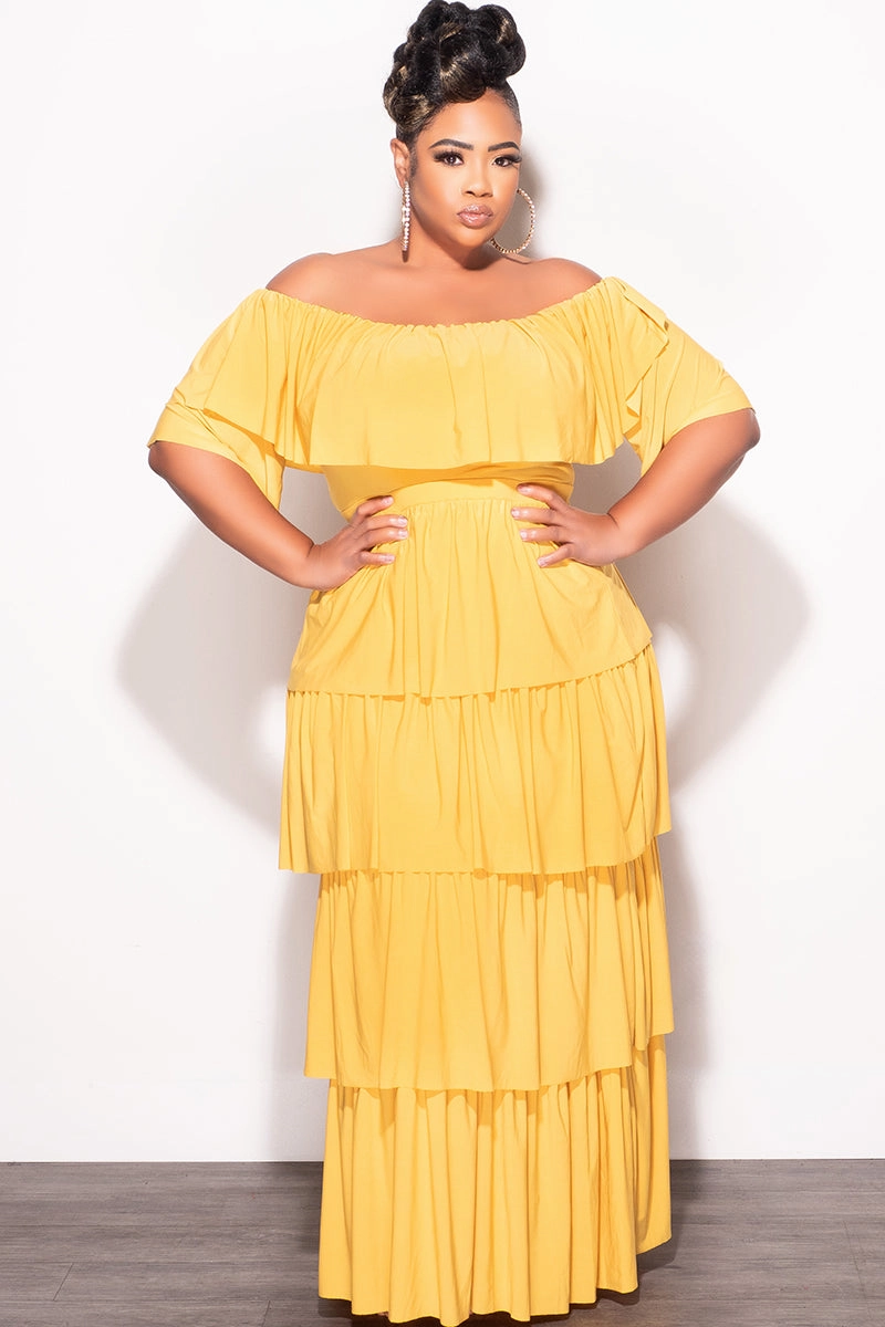 Final Sale Plus Size 2pc Ruffle Tiered Off the Shoulder Crop Top Maxi Skirt Set in Mustard Versatile Waist