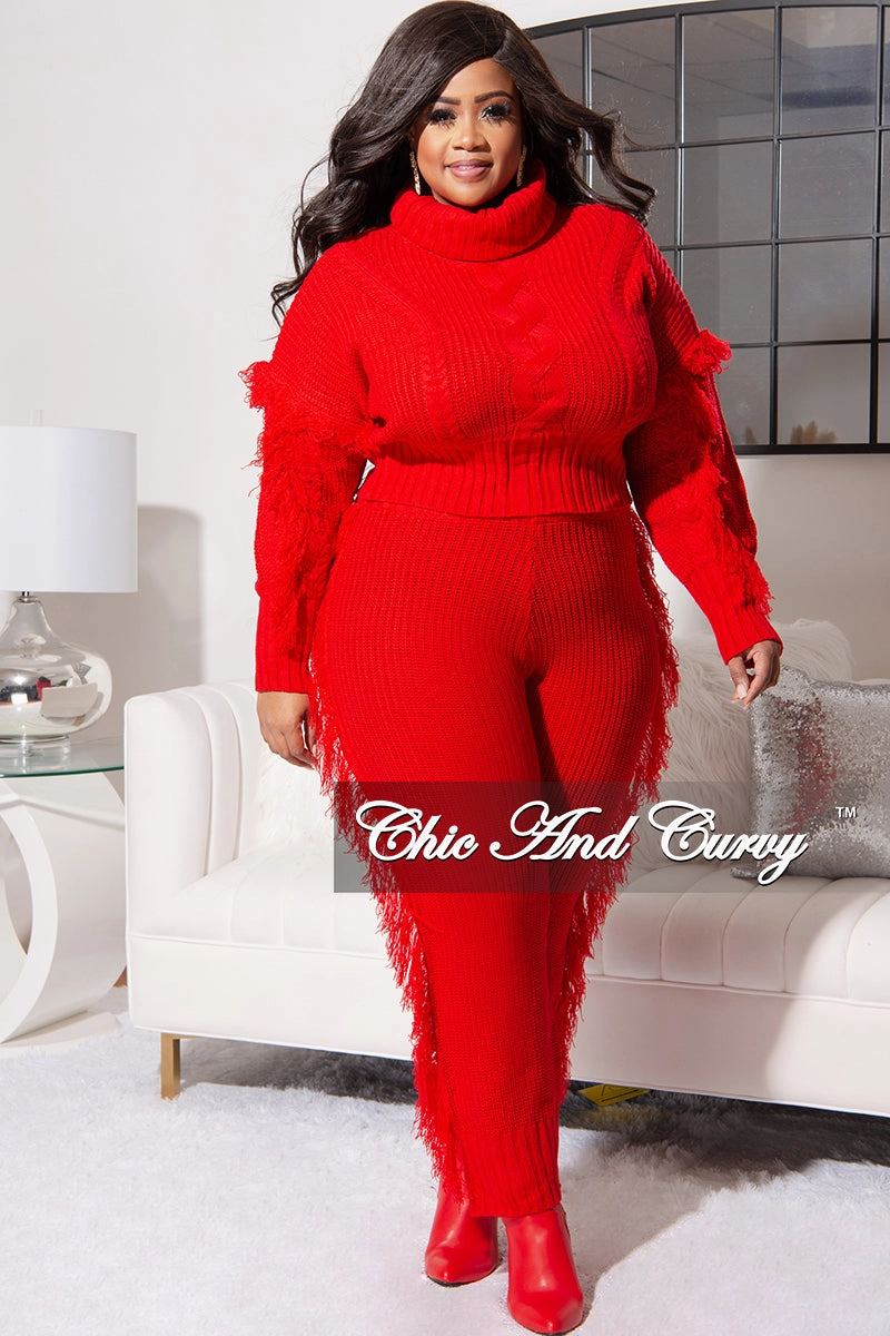 Final Sale Plus Size 2pc Fringe Sweater Pants Set in Red Chilly Weather Long Wear