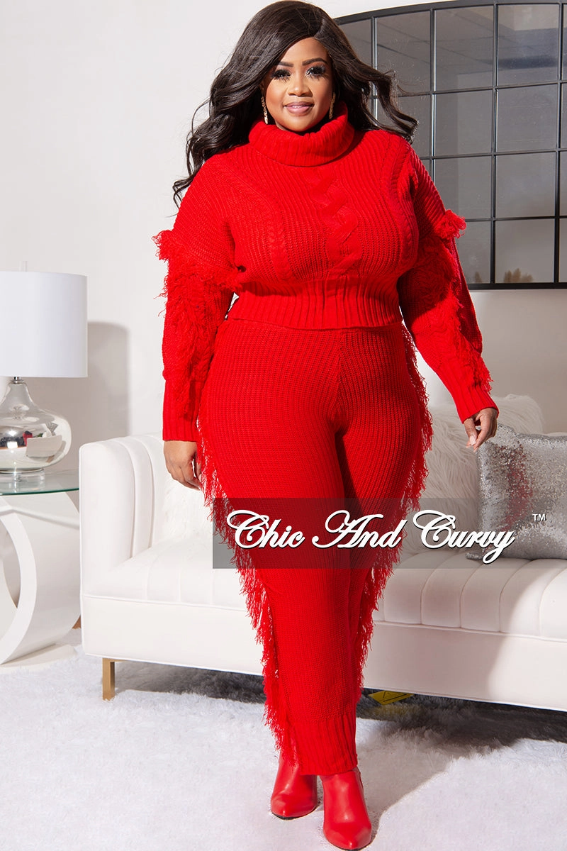 Durable Fit Final Sale Plus Size 2pc Fringe Sweater Pants Set in Red