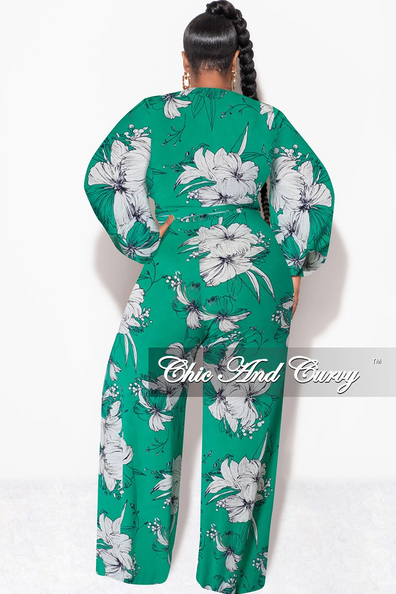 Soft Touch Material Breathable Layer Fit Final Sale Plus Size Faux Wrap Jumpsuit with Waist Tie in Green and White Floral Print