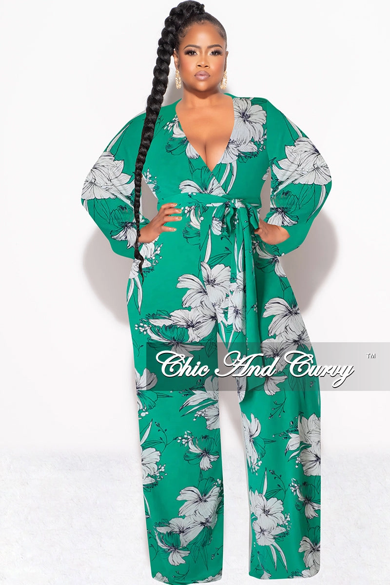 Final Sale Plus Size Faux Wrap Jumpsuit with Waist Tie in Green and White Floral Print Decorative stitching NonSlipGrip