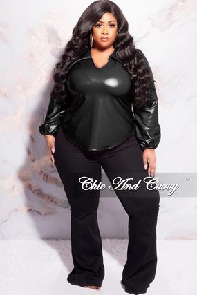 Essential Waist Street Inspired Final Sale Plus Size Collar Faux Leather Top in Black