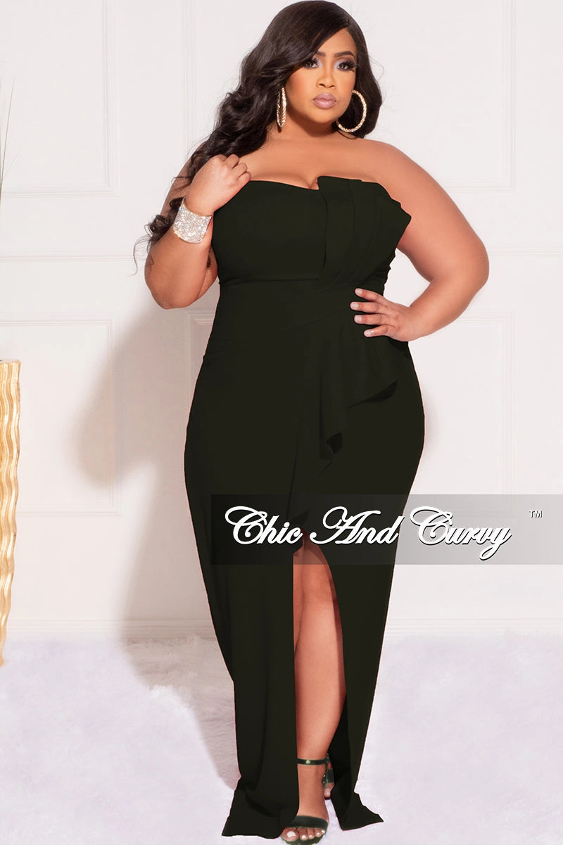 Final Sale Plus Size Strapless Pleated Ruffle Gown with Front Slit in Black Pull-on style