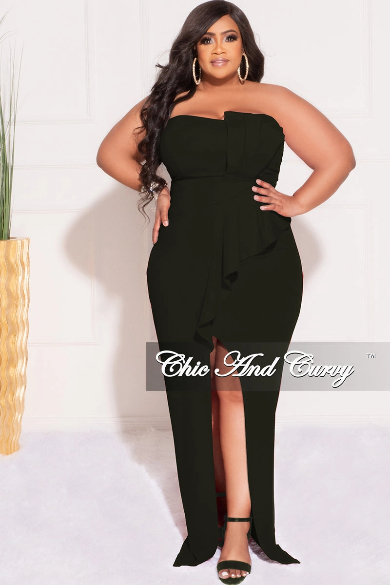 Final Sale Plus Size Strapless Pleated Ruffle Gown with Front Slit in Black Casual Layer Lightweight Flex
