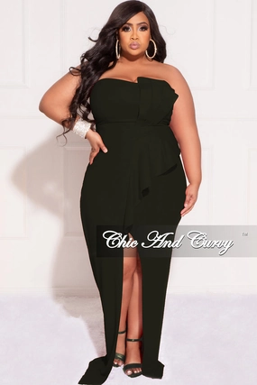 Urban Ready Final Sale Plus Size Strapless Pleated Ruffle Gown with Front Slit in Black