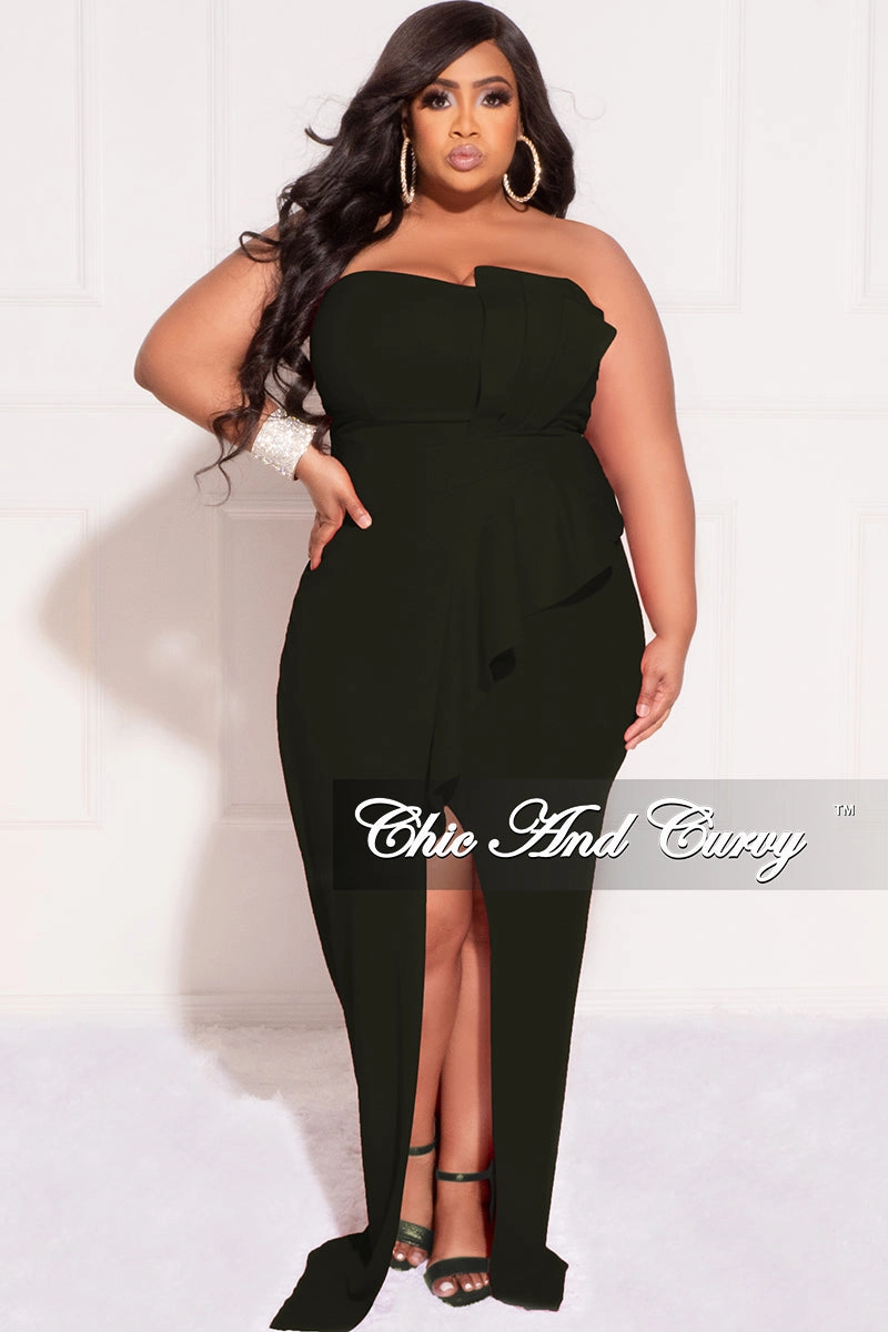 Urban Ready Final Sale Plus Size Strapless Pleated Ruffle Gown with Front Slit in Black