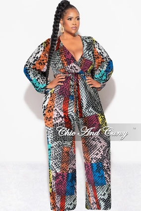 Weekend Ready Thermal regulation Final Sale Plus Size Long Sleeve Faux Wrap Jumpsuit with Attached Tie in Multi-Color Print