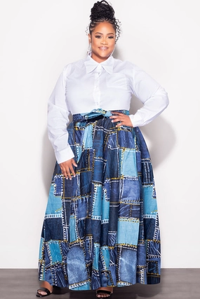 Final Sale Plus Size High Waist Maxi Skirt with Tie in Navy and Light Blue Chill Fit RegularFit