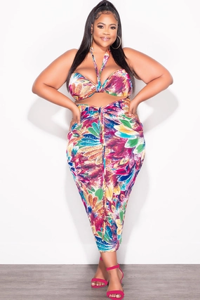 Final Sale Plus Size 2pc Set with Self Tie Top & Ruched Skirt in Floral Multi-Color Print Elasticized Cuffs