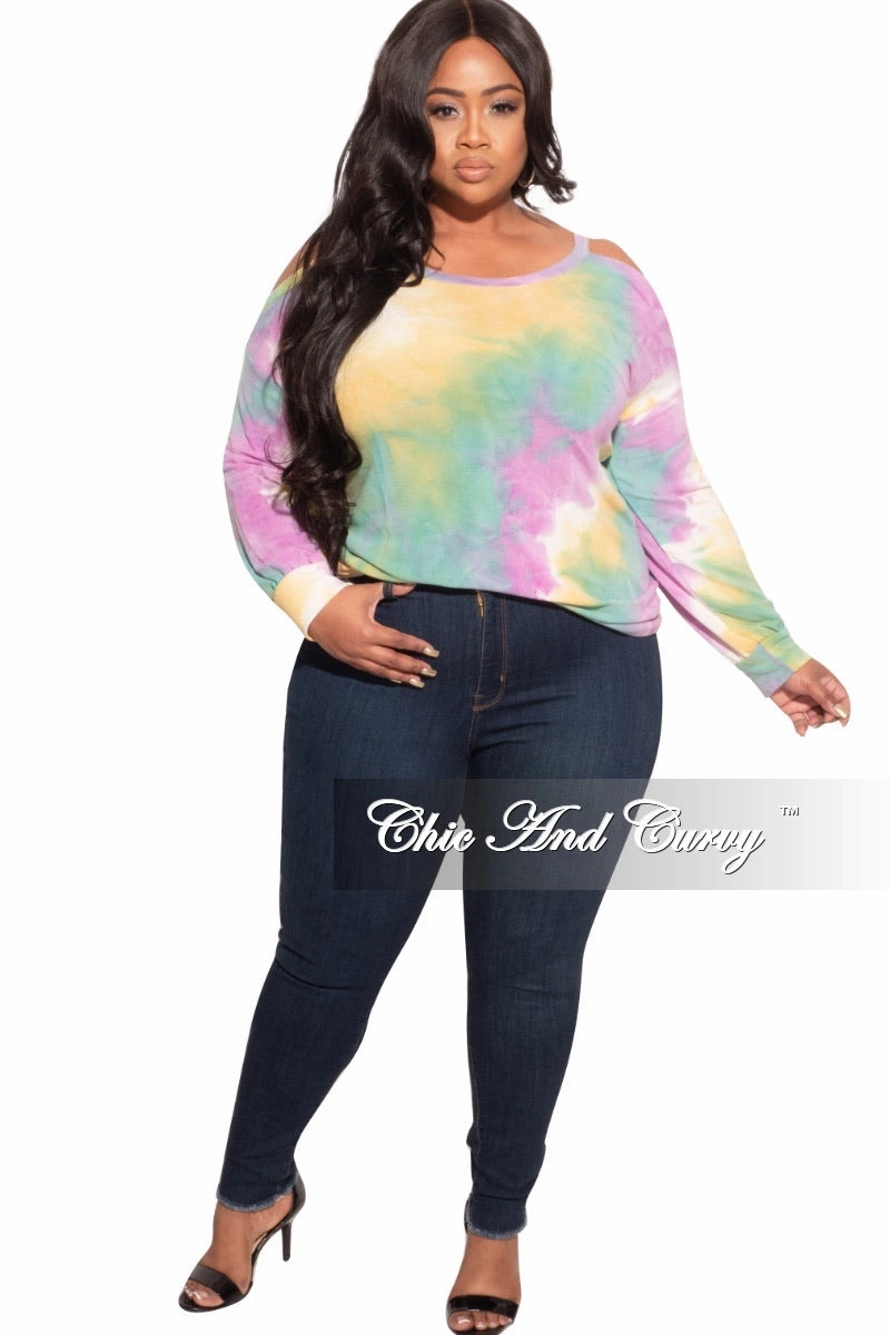 Chic Fit Final Sale Plus Size Open Shoulder Tunic In Tie Dye Print