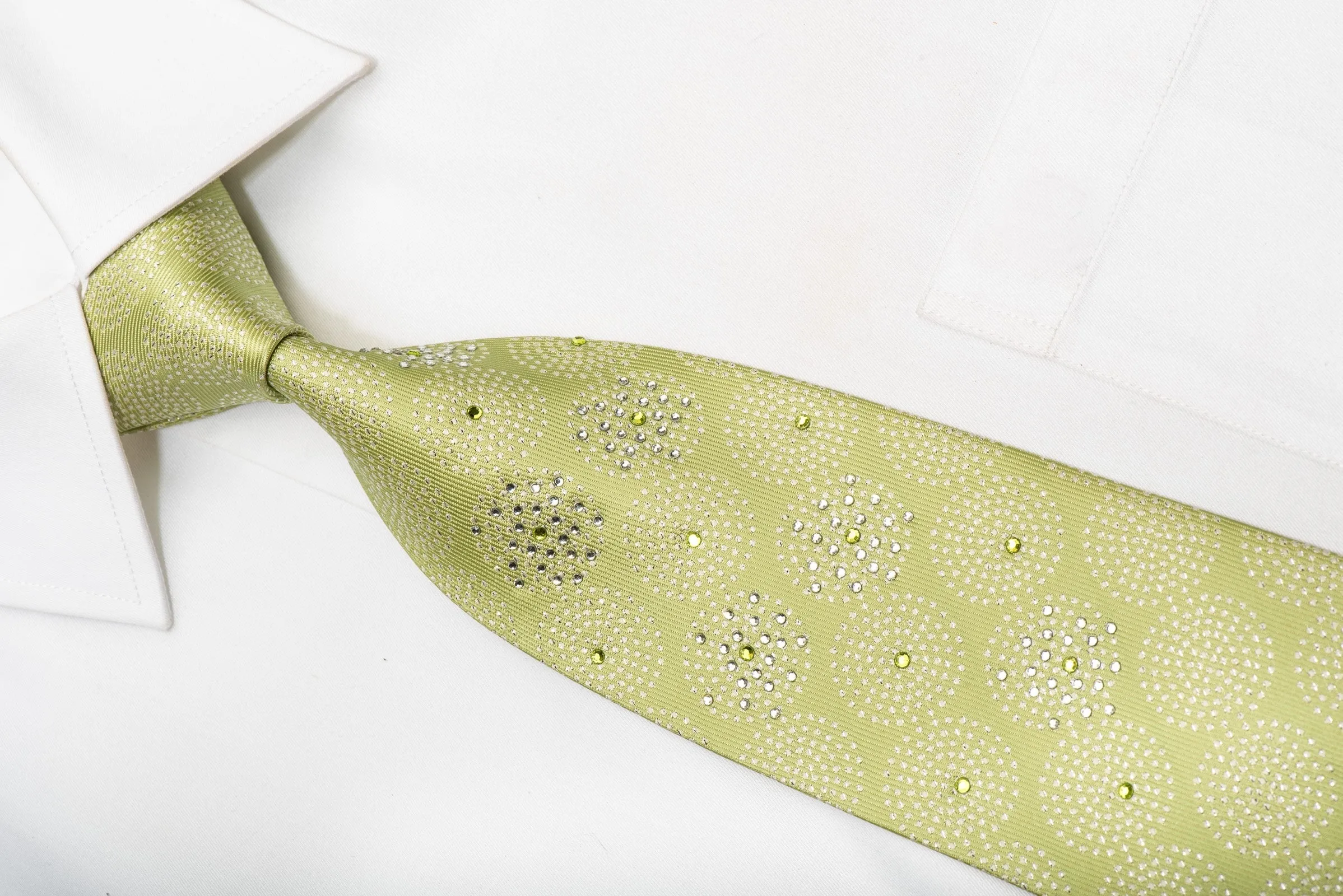 Cravatte Men's Rhinestone Silk Necktie Silver Circles On Green With Silver Sparkles