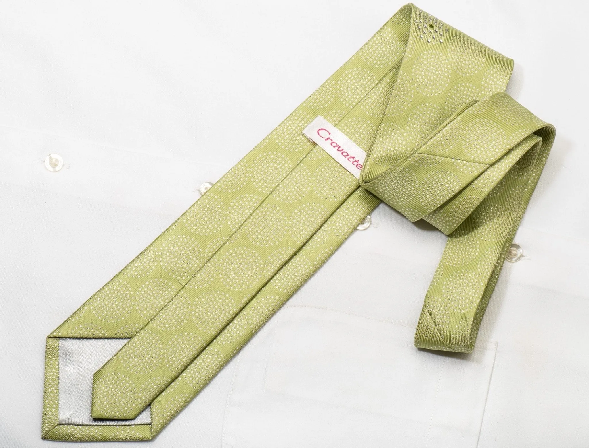Cravatte Men's Rhinestone Silk Necktie Silver Circles On Green With Silver Sparkles