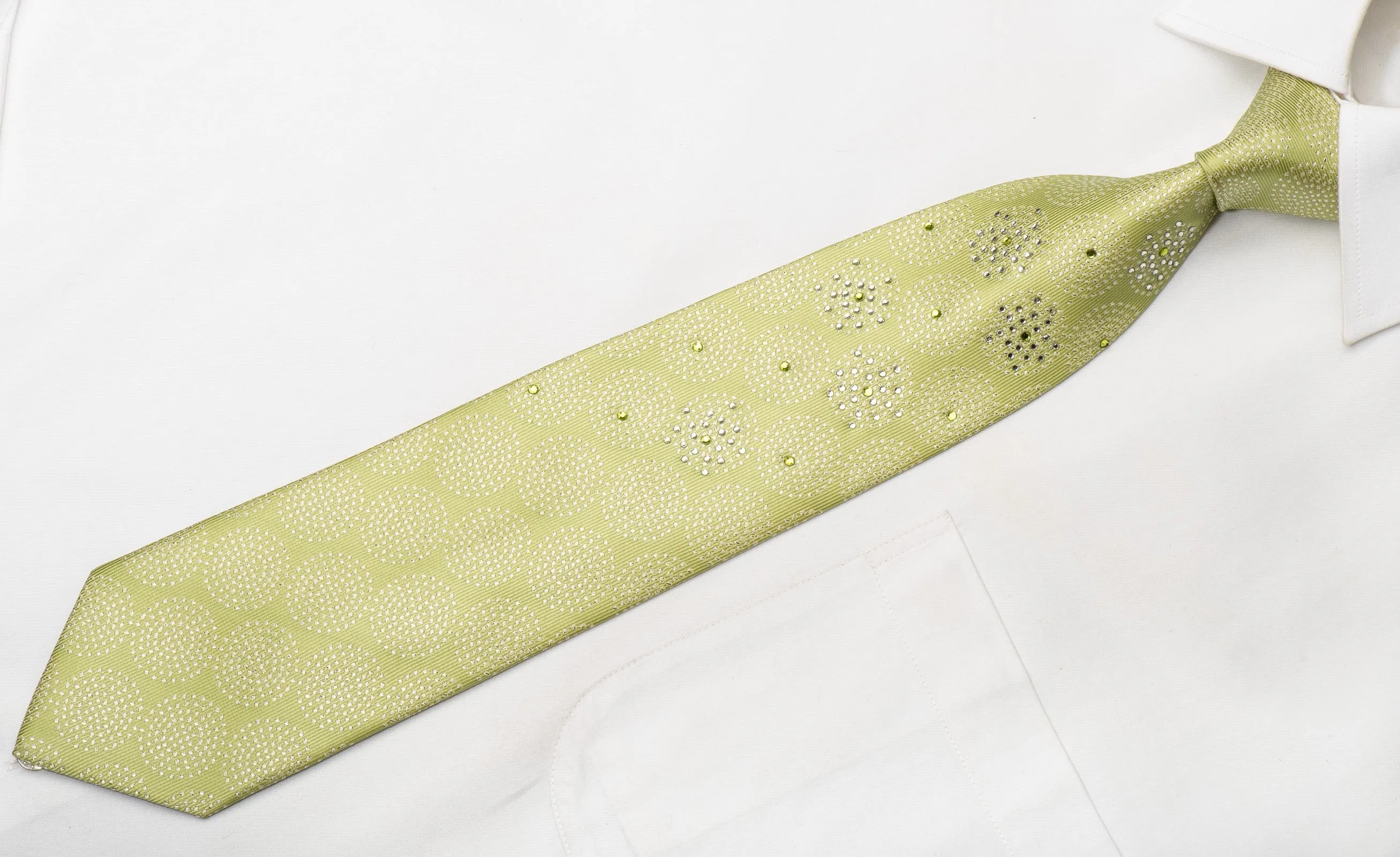 Cravatte Men's Rhinestone Silk Necktie Silver Circles On Green With Silver Sparkles