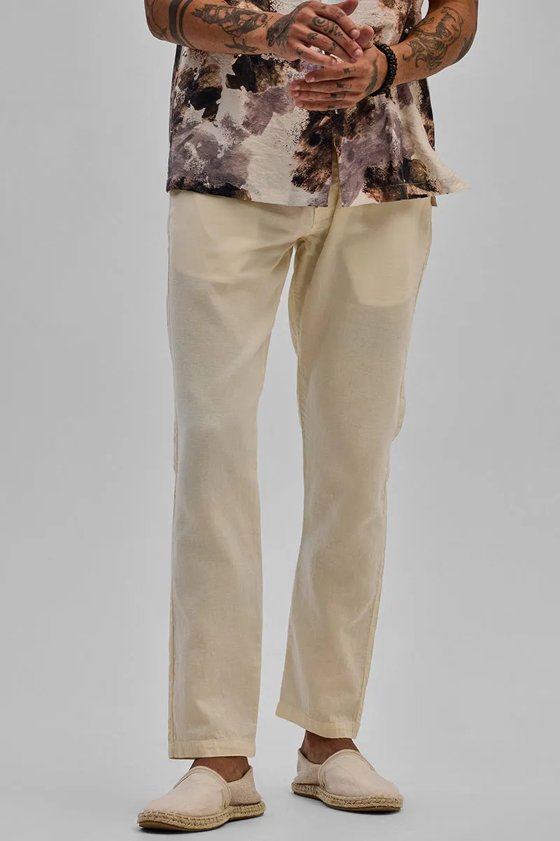 Cream Plain Slim Fit Trousers