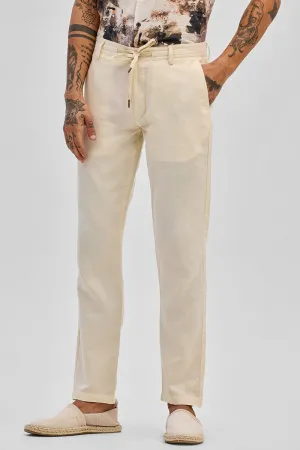Cream Plain Slim Fit Trousers