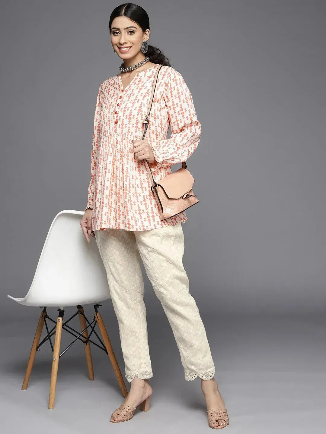 Cream Self Design Cotton Trousers