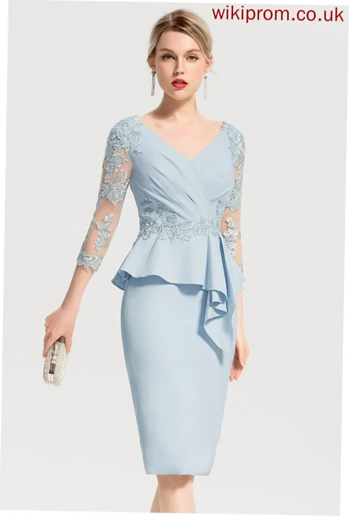 Crepe Cadence With Cocktail Stretch Sheath/Column Ruffles Appliques Lace Cocktail Dresses V-neck Dress Knee-Length Cascading Lace