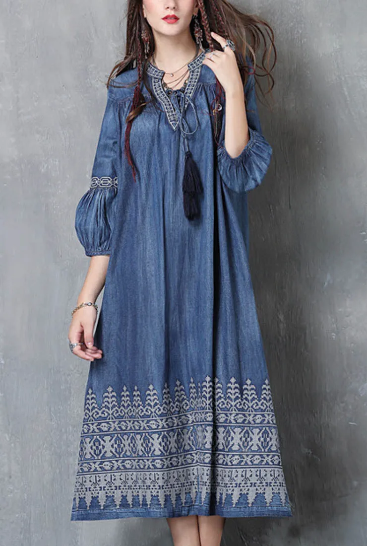 Crew Neck Floral Embroidered Oversized Midi Dress