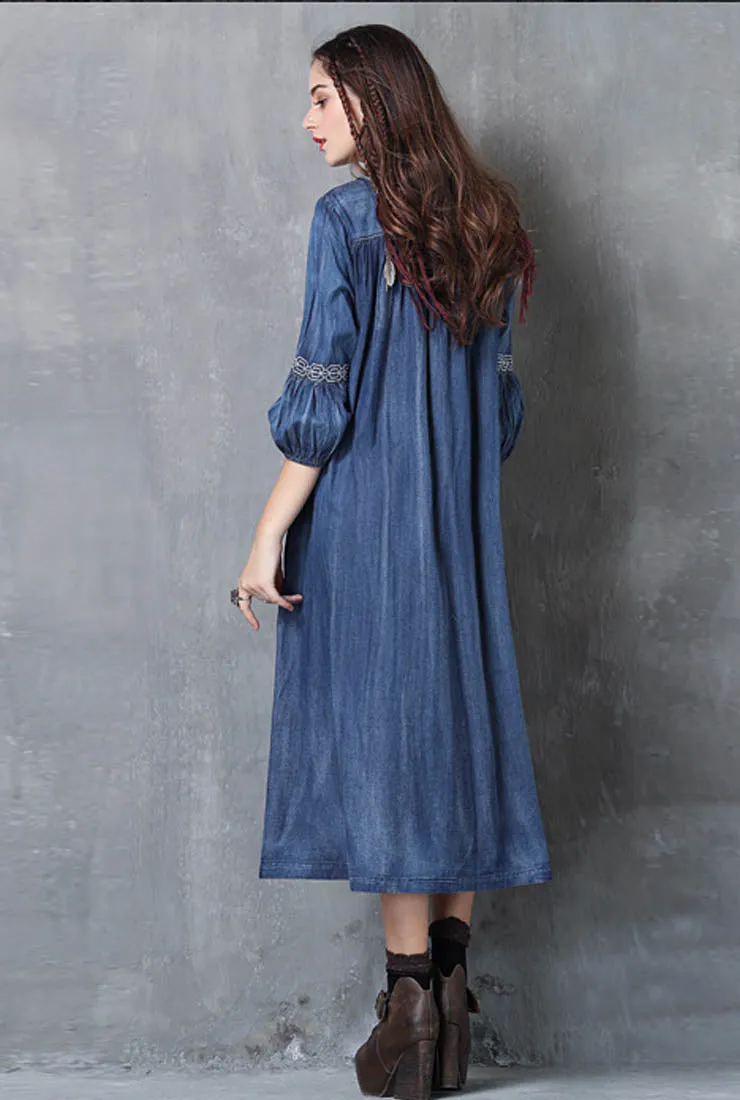 Crew Neck Floral Embroidered Oversized Midi Dress