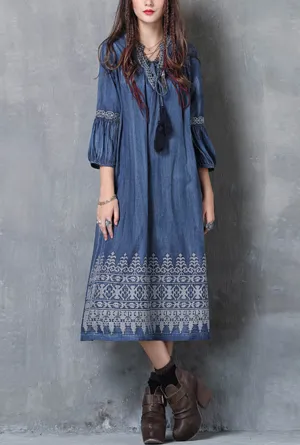 Crew Neck Floral Embroidered Oversized Midi Dress
