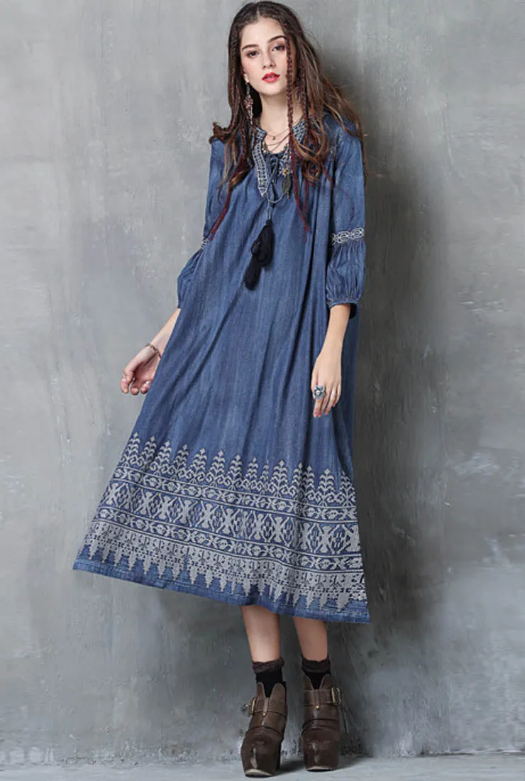 Crew Neck Floral Embroidered Oversized Midi Dress