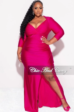 Final Sale Plus Size Shiny Faux Wrap Gown with Slit in Fuchsia Versatile Wear Four Way Stretch