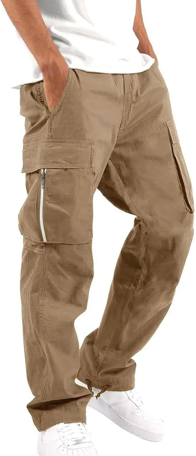 CRNTCEM Straight Cargo Pants for Men Outdoor Hiking Work Pants Elastic Waist Athletic Workout Chinos Casual Pants