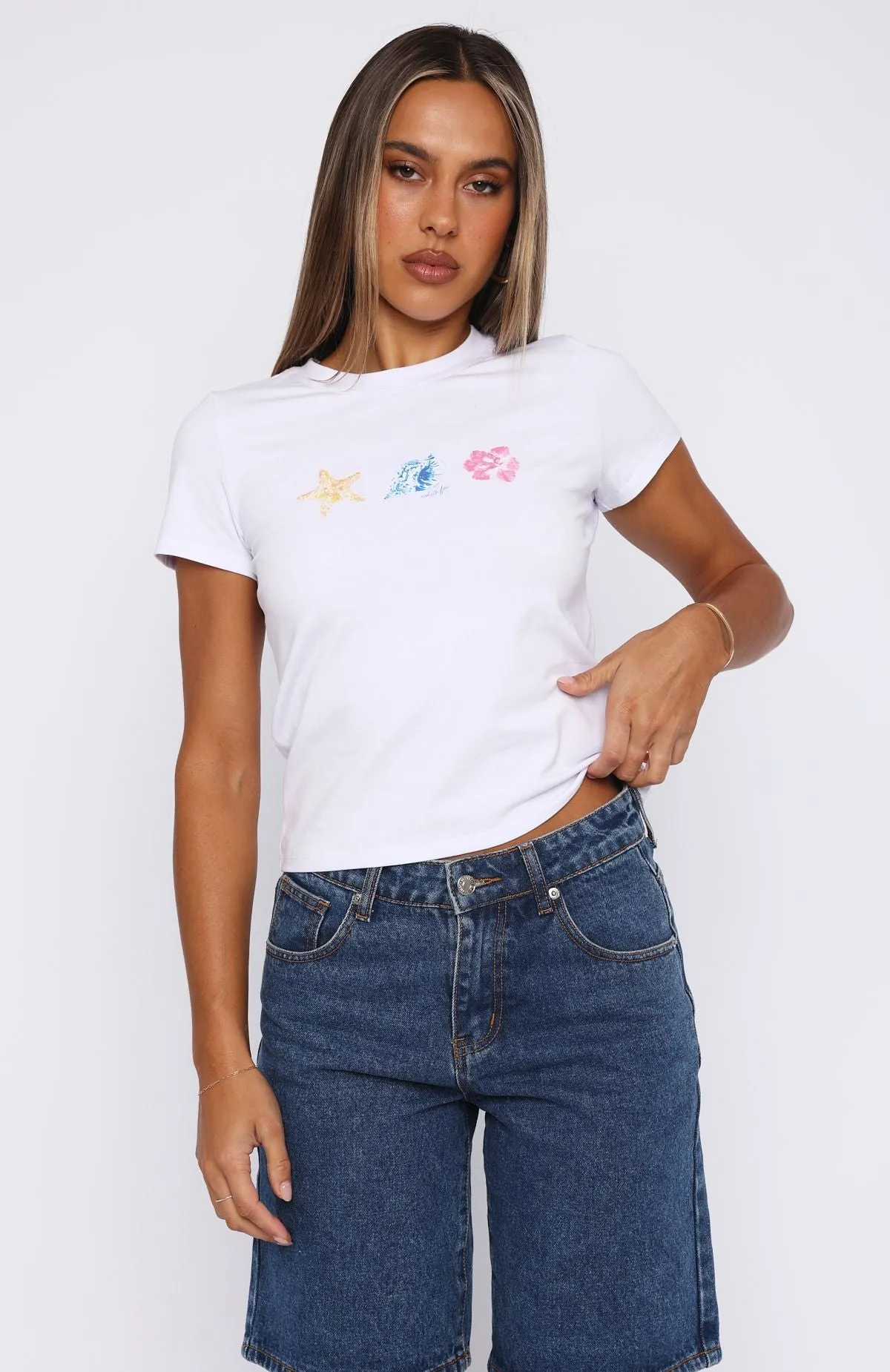 Sea Shells Relaxed Baby Tee White Stretch Weave Construction