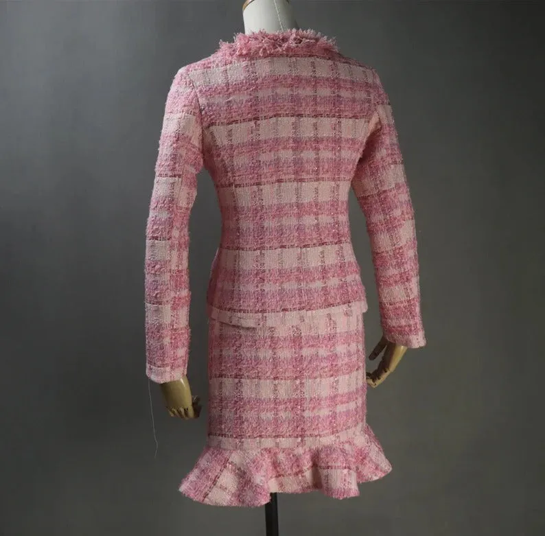 Custom Made Pink Suit Checked Tweed Tassel Fringe Jacket   Fishtail Skirt Suit