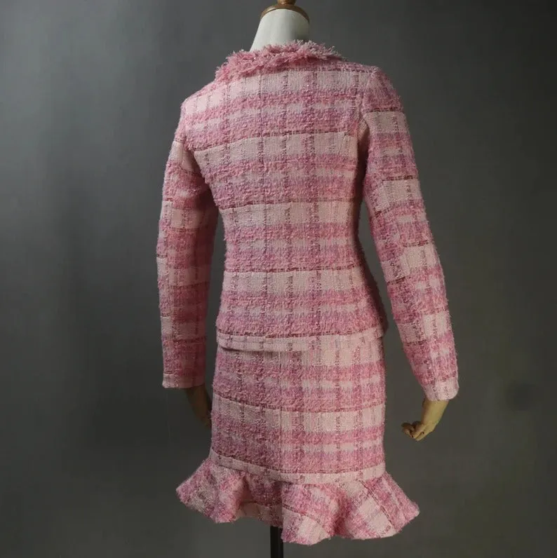 Custom Made Pink Suit Checked Tweed Tassel Fringe Jacket   Fishtail Skirt Suit
