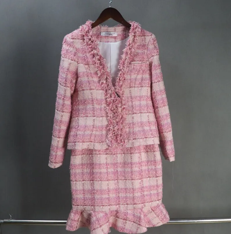 Custom Made Pink Suit Checked Tweed Tassel Fringe Jacket   Fishtail Skirt Suit