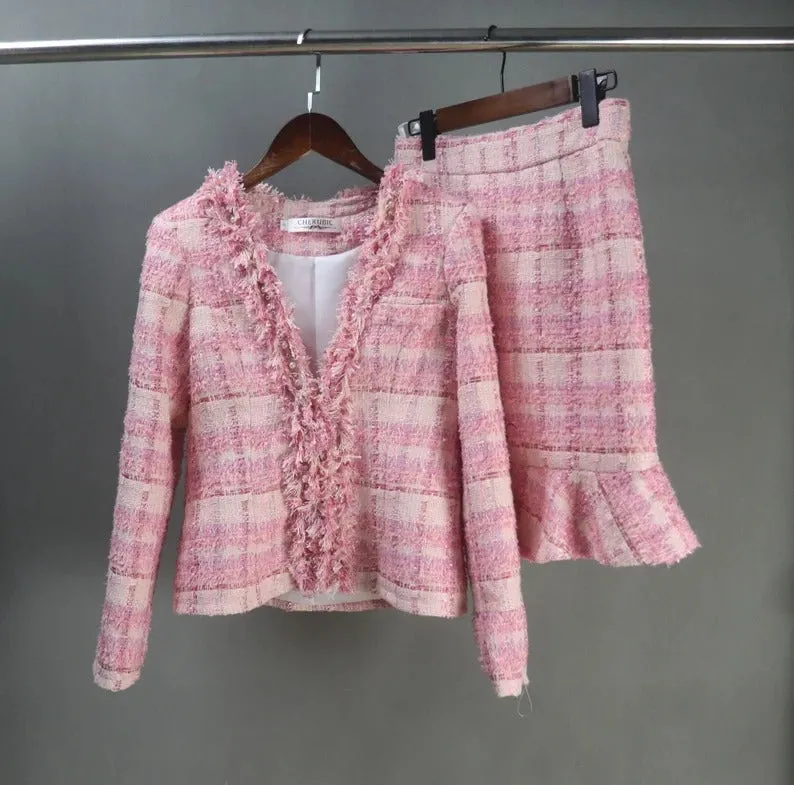 Custom Made Pink Suit Checked Tweed Tassel Fringe Jacket   Fishtail Skirt Suit