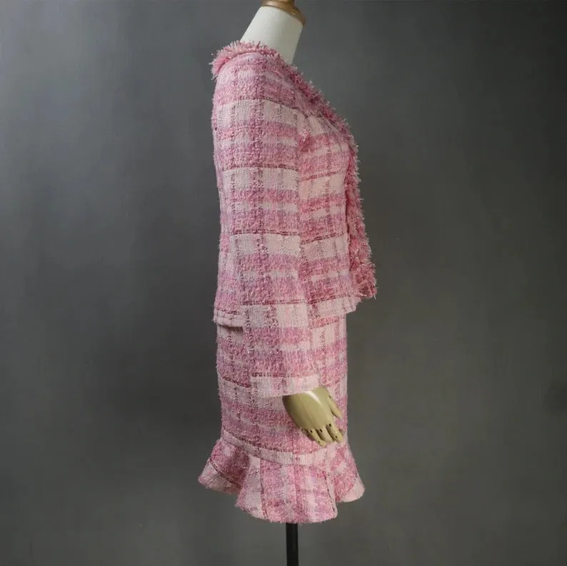 Custom Made Pink Suit Checked Tweed Tassel Fringe Jacket   Fishtail Skirt Suit
