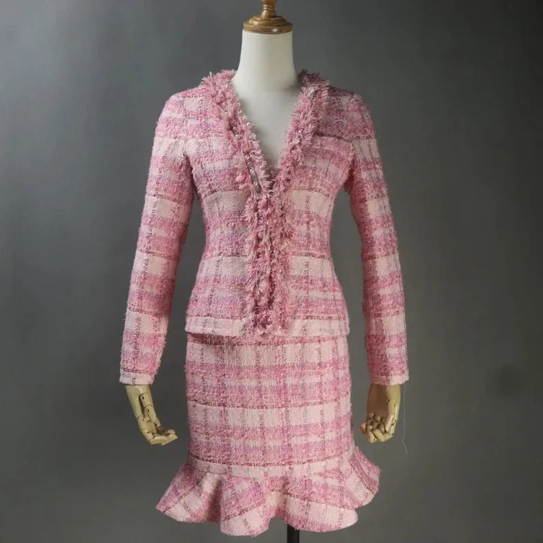 Custom Made Pink Suit Checked Tweed Tassel Fringe Jacket   Fishtail Skirt Suit