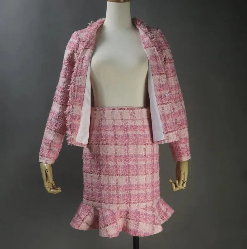 Custom Made Pink Suit Checked Tweed Tassel Fringe Jacket   Fishtail Skirt Suit