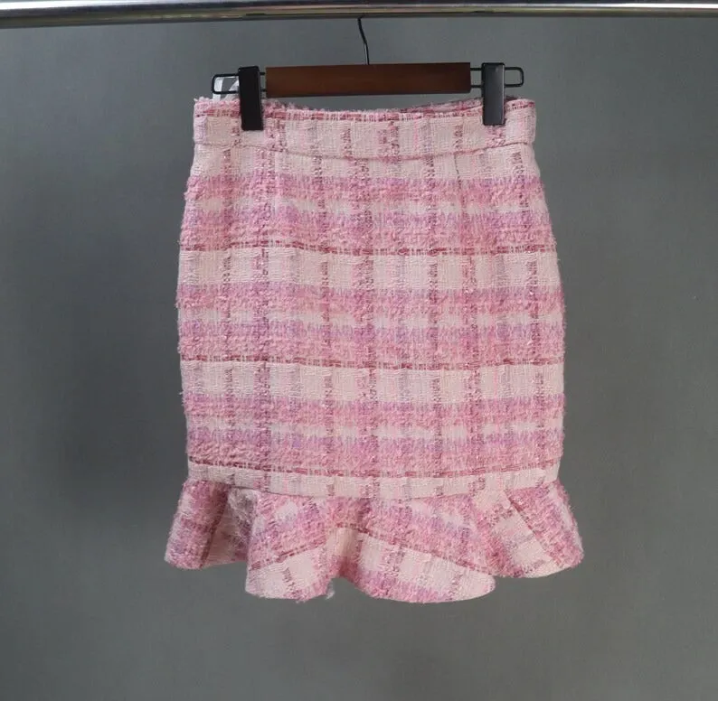 Custom Made Pink Suit Checked Tweed Tassel Fringe Jacket   Fishtail Skirt Suit