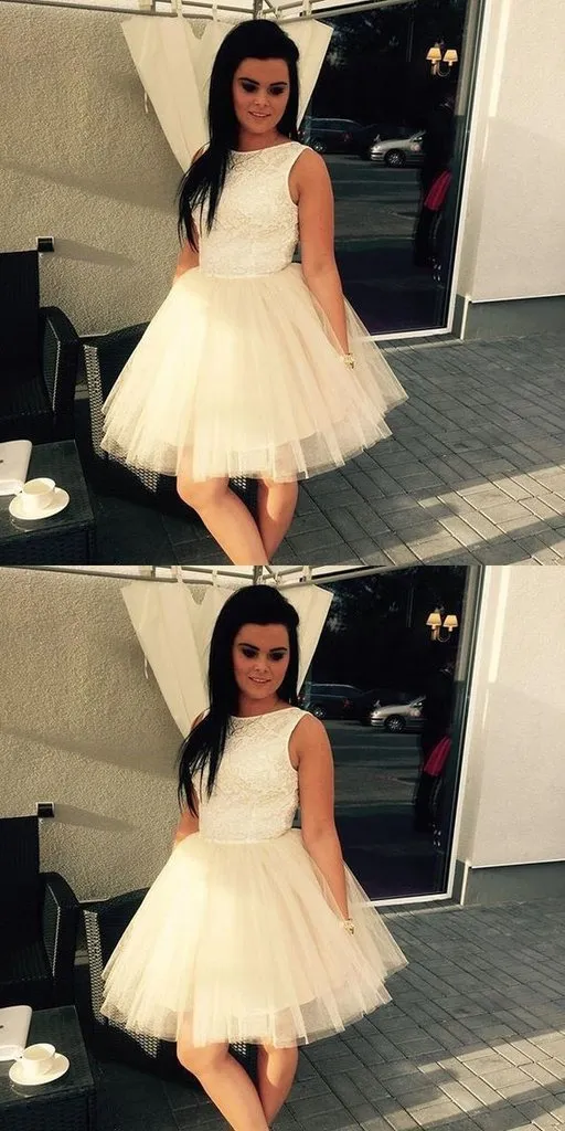 Cute A-Line Sleeveless Tulle Short Homecoming Dress with Lace Top PFH0029