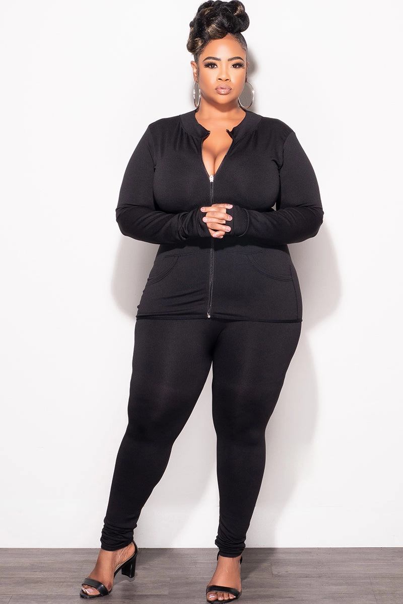 Trendy Vibe Final Sale Plus Size 2pc Zip-Up Jacket and Legging Set in Black Seamless Fabric