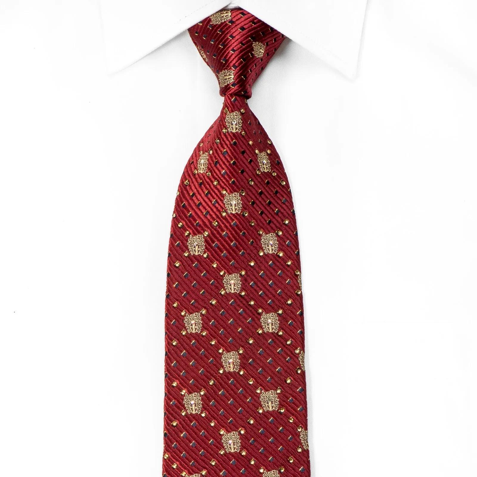 Daks Men's Crystal Silk Necktie Golden Crest On Burgundy With Gold Sparkles